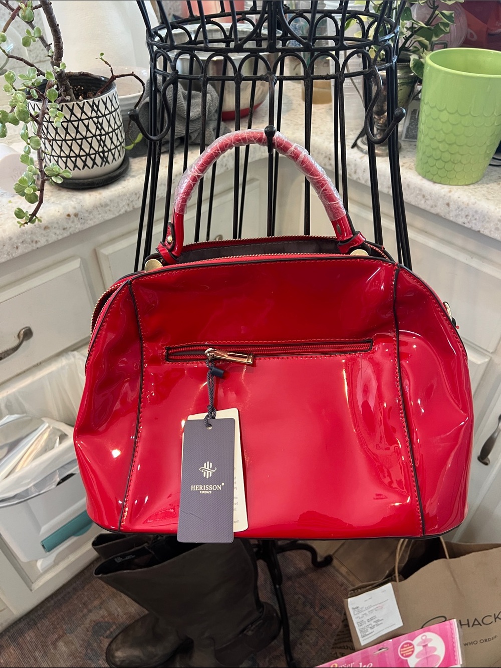 💋 NWT Herisson Firenze Red Patent Convertible Tote Satchel Bag - Euro Find! 💋